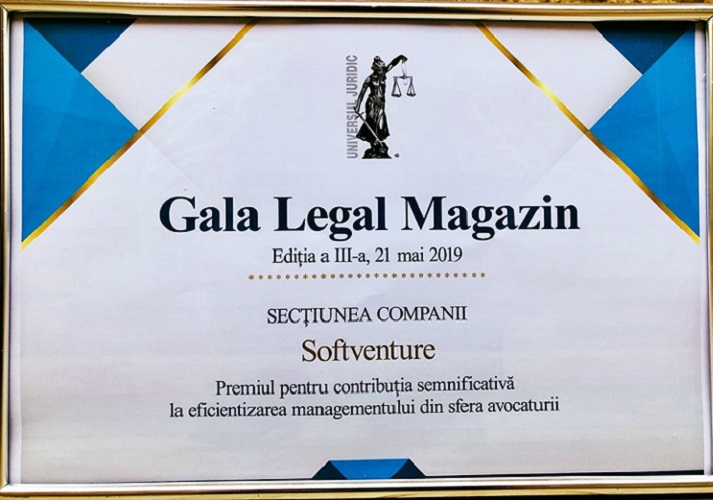 Diploma Gala Legal Magazin 2019 acordată Softventure pentru eficientizarea managementului în avocatură