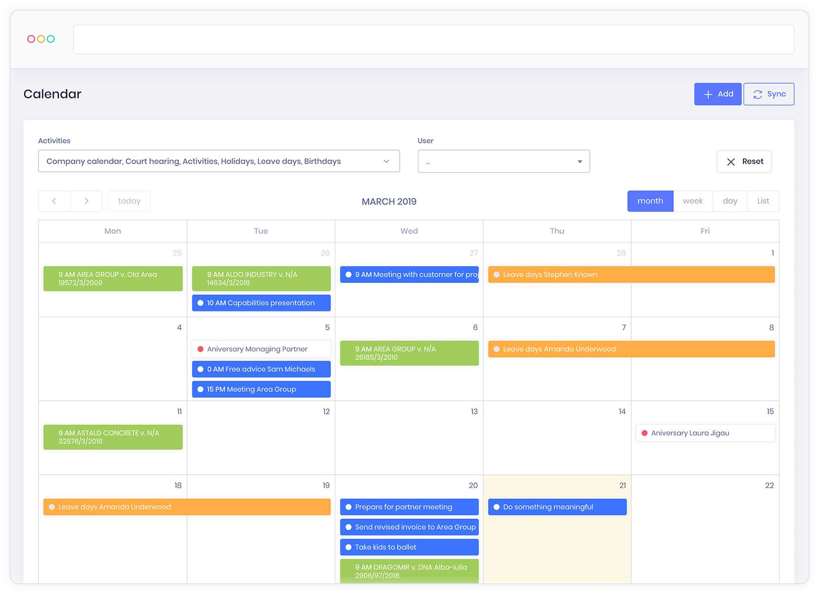 Calendarul KeyVision PRO cu termenele de judecata, activitatile echipei si concediile, intr-o singura vedere lunara