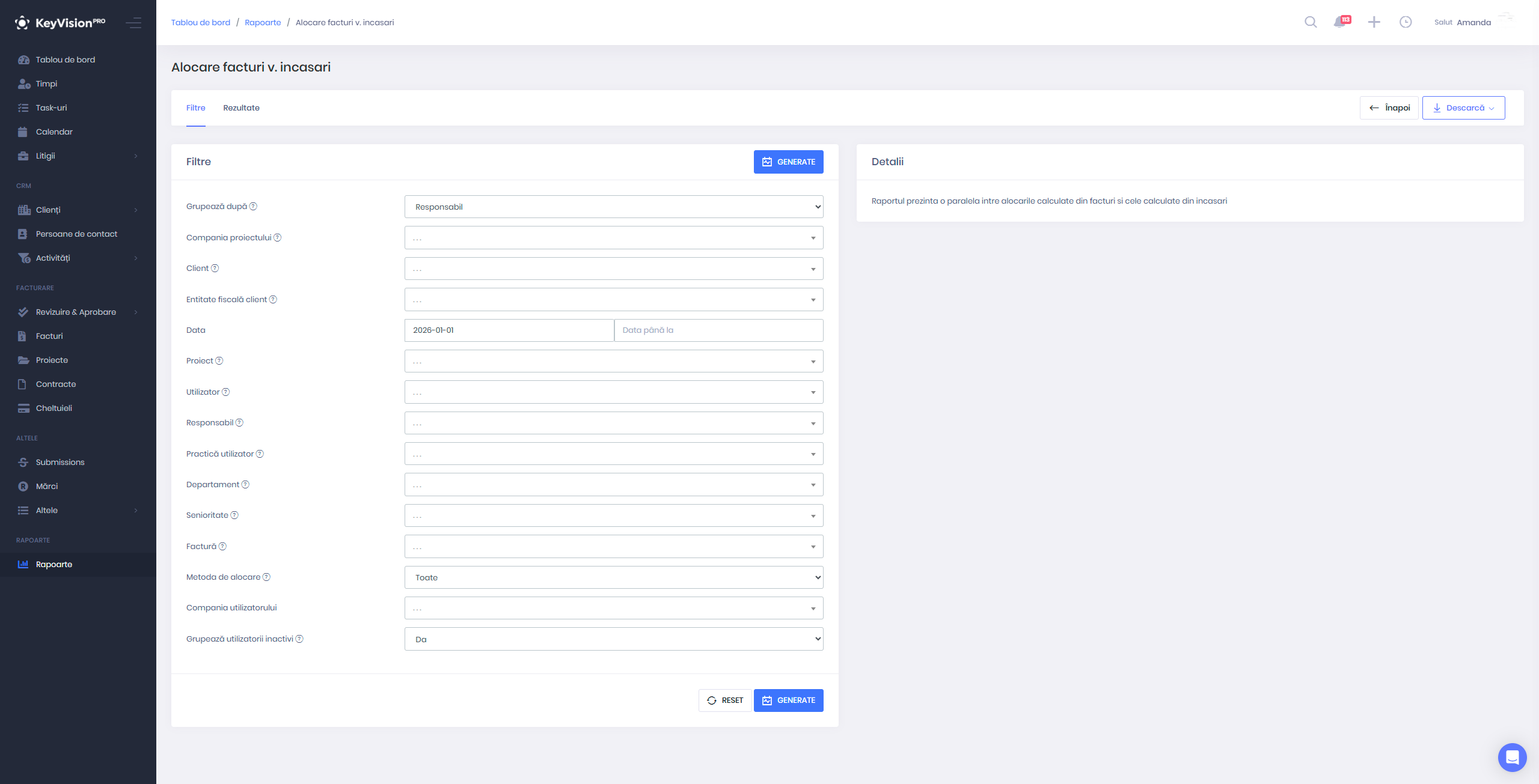 alocare incasari pe client